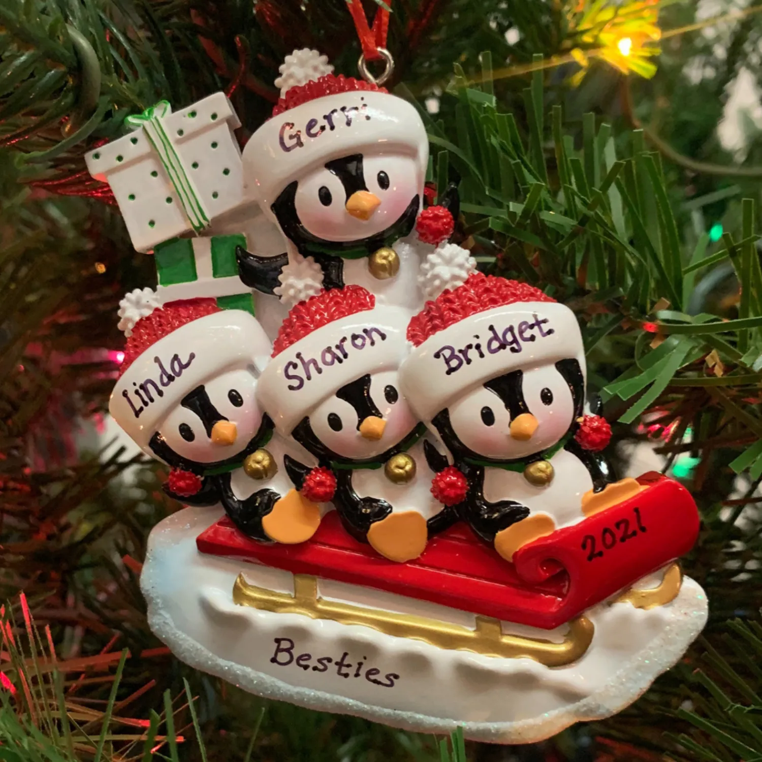Hot The Jolly Christmas Shop 4.25" Family Of 4 Penguins On Sled Personalized Christmas Ornament OR1915-4