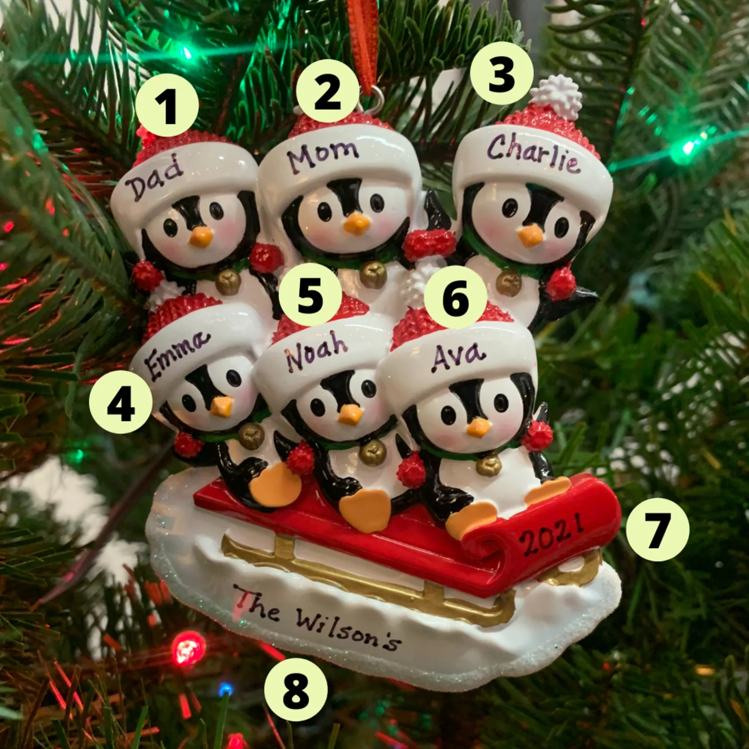 New The Jolly Christmas Shop 4.5" Family Of 6 Penguins On Sled Personalized Christmas Ornament OR1915-6