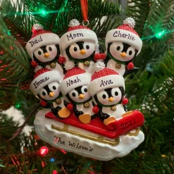 New The Jolly Christmas Shop 4.5" Family Of 6 Penguins On Sled Personalized Christmas Ornament OR1915-6