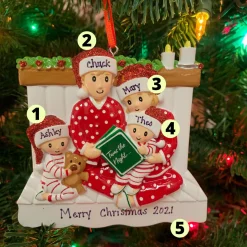 Clearance The Jolly Christmas Shop 4.5" Family Of 4 Reading In Bed Personalized Christmas Ornament OR2025-4