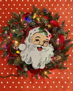 Sale The Jolly Christmas Shop 30" Handmade Vintage Inspired Santa Lighted Wreath W/ Shiny Brite Ornaments