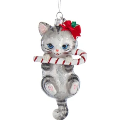 Online The Jolly Christmas Shop 5" Noble Gems Cat With Candy Cane Glass Christmas Ornament NB1668