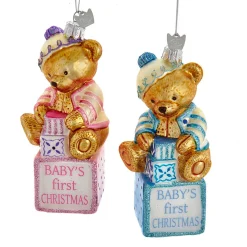 Clearance The Jolly Christmas Shop 5" Noble Gems Pink Or Blue Baby's First Christmas Baby Bear Glass Christmas Ornament NB1675