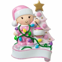 Best The Jolly Christmas Shop Baby Decorating A Tree Pink Personalized Christmas Ornament OR1847-P