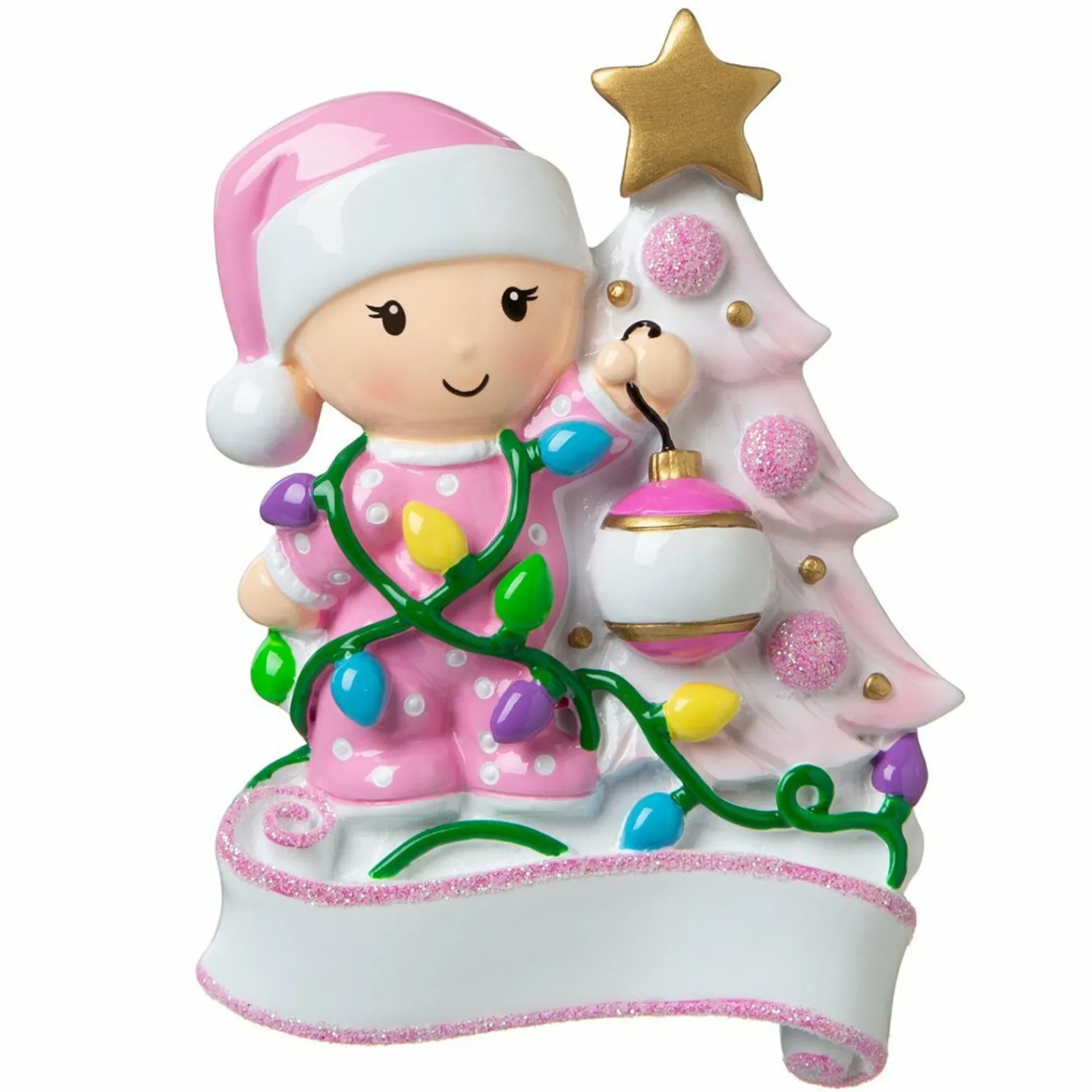 Best The Jolly Christmas Shop Baby Decorating A Tree Pink Personalized Christmas Ornament OR1847-P
