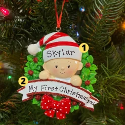 The Jolly Christmas Shop Baby In A Red And Green Wreath Personalized Christmas Ornament OR1746-RG