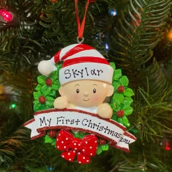 The Jolly Christmas Shop Baby In A Red And Green Wreath Personalized Christmas Ornament OR1746-RG