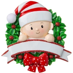 The Jolly Christmas Shop Baby In A Red And Green Wreath Personalized Christmas Ornament OR1746-RG