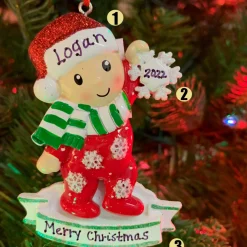 Sale The Jolly Christmas Shop Baby In Red And Green Pajamas Holding Snowflake Personalized Christmas Ornament OR1920-RG