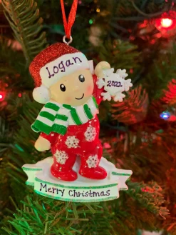 Sale The Jolly Christmas Shop Baby In Red And Green Pajamas Holding Snowflake Personalized Christmas Ornament OR1920-RG
