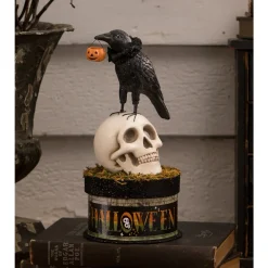 Best The Jolly Christmas Shop Bethany Lowe 9" Crow And Skull On Box Halloween Decoration TL3356