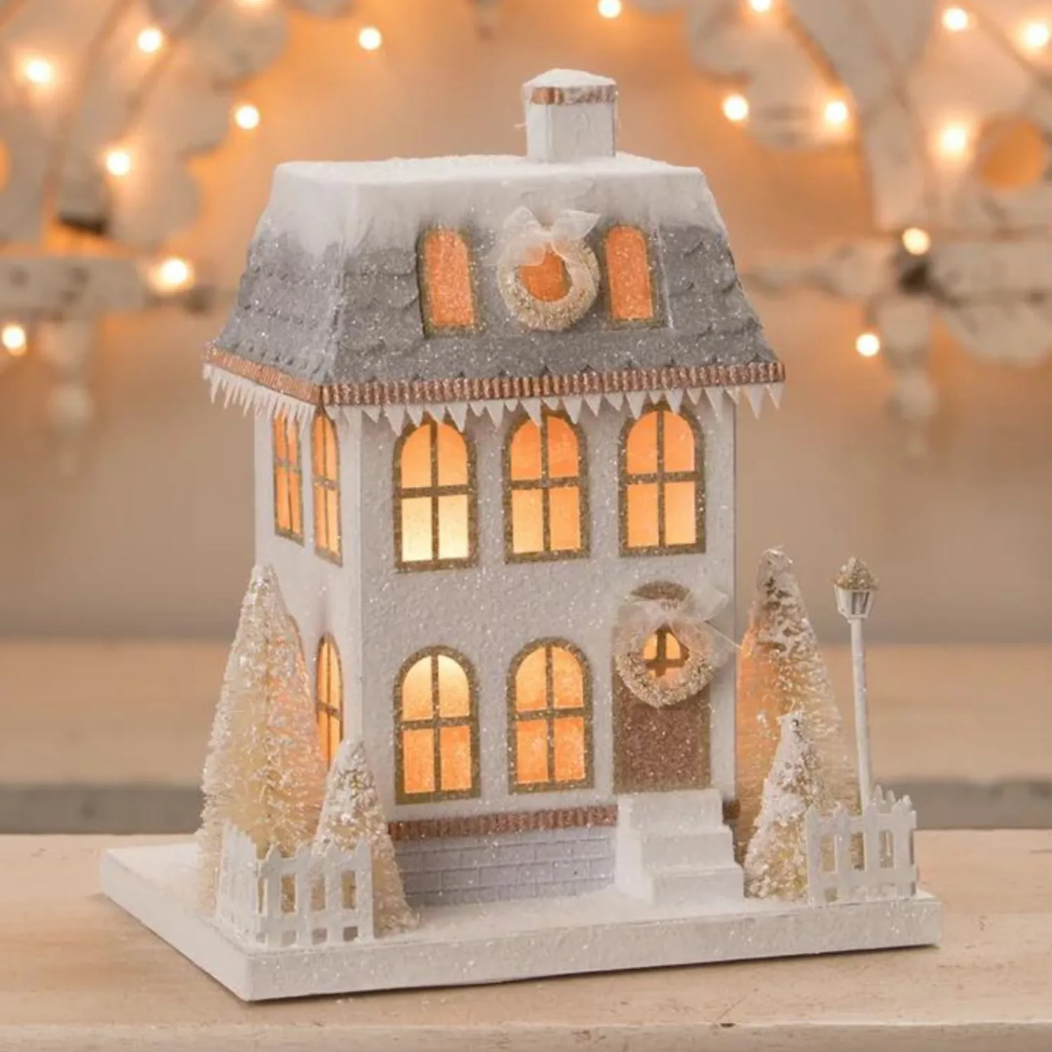 Hot The Jolly Christmas Shop Bethany Lowe Metallic Gold, White, And Silver Glittered Christmas Buildings