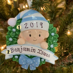 Sale The Jolly Christmas Shop Blue Baby Boy In Wreath Personalized Christmas Ornament OR1746-B