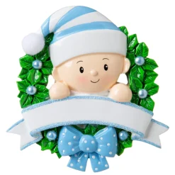 Sale The Jolly Christmas Shop Blue Baby Boy In Wreath Personalized Christmas Ornament OR1746-B