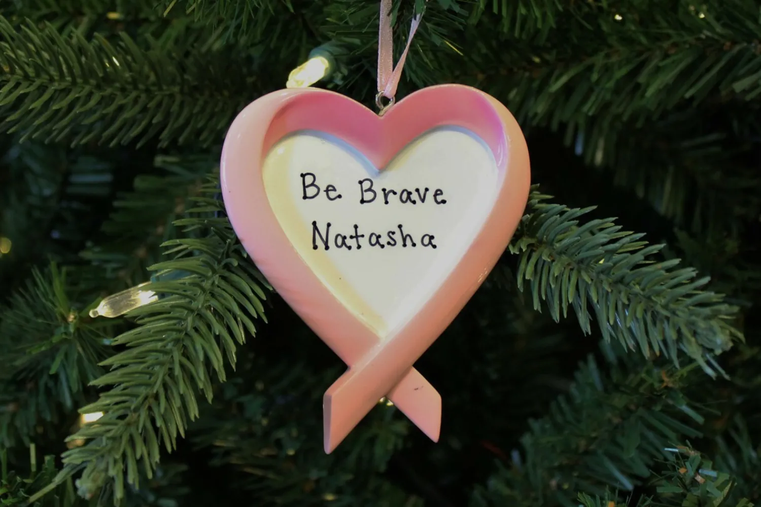 Sale The Jolly Christmas Shop Breast Cancer Ribbon Heart Personalized Christmas Ornament
