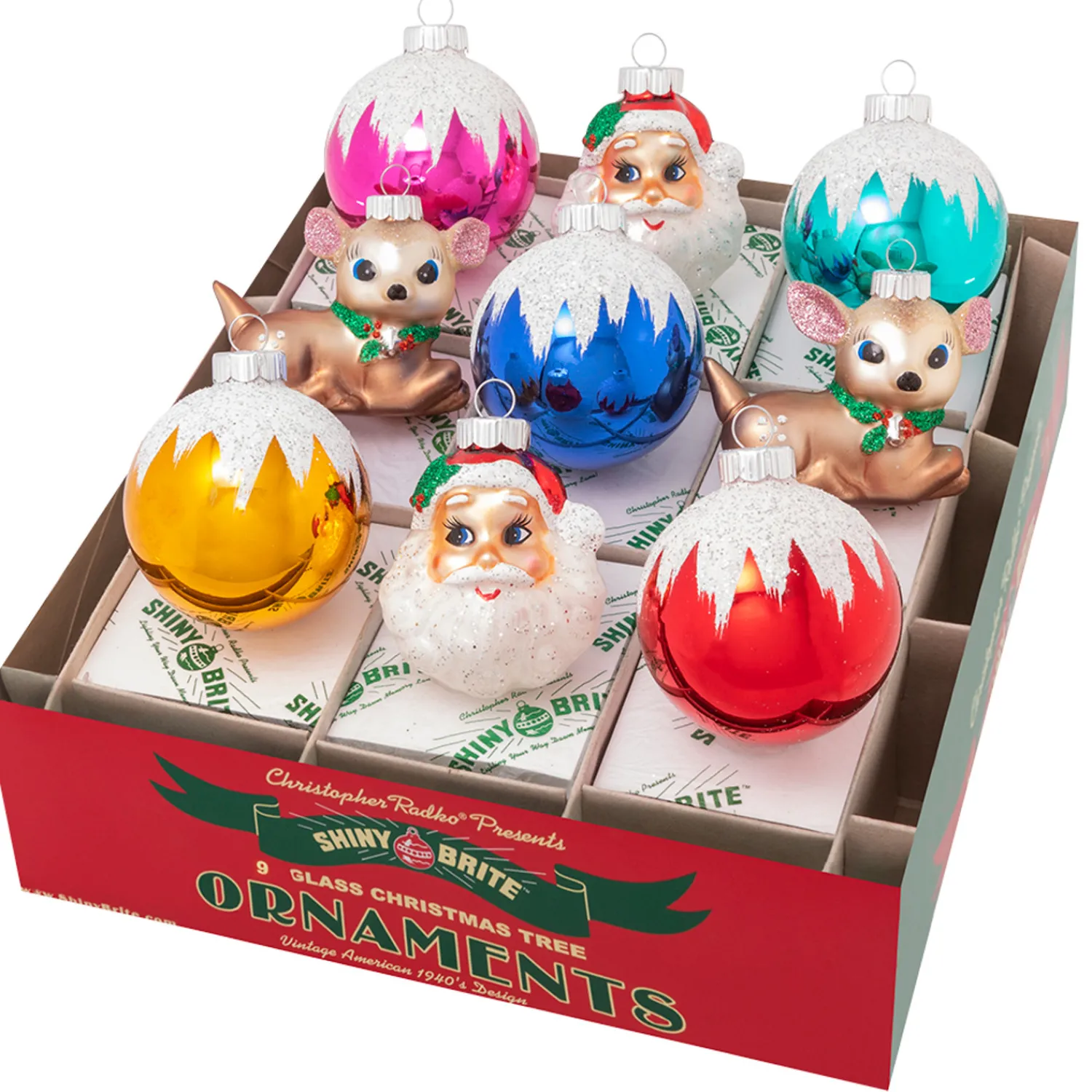 Clearance The Jolly Christmas Shop Christopher Radko Shiny Brite Christmas Confetti 2.5" Rounds, Santa, & Deer Christmas Ornaments 4028012