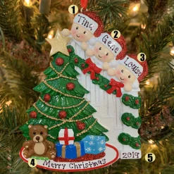 New The Jolly Christmas Shop Family Of 3 Around The Christmas Tree Personalized Ornament OR1789-3