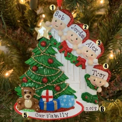New The Jolly Christmas Shop Family Of 4 Around The Christmas Tree Personalized Ornament OR1789-4