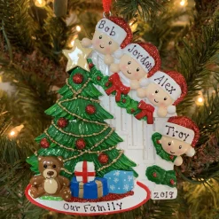 New The Jolly Christmas Shop Family Of 4 Around The Christmas Tree Personalized Ornament OR1789-4
