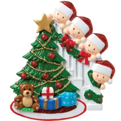 New The Jolly Christmas Shop Family Of 4 Around The Christmas Tree Personalized Ornament OR1789-4