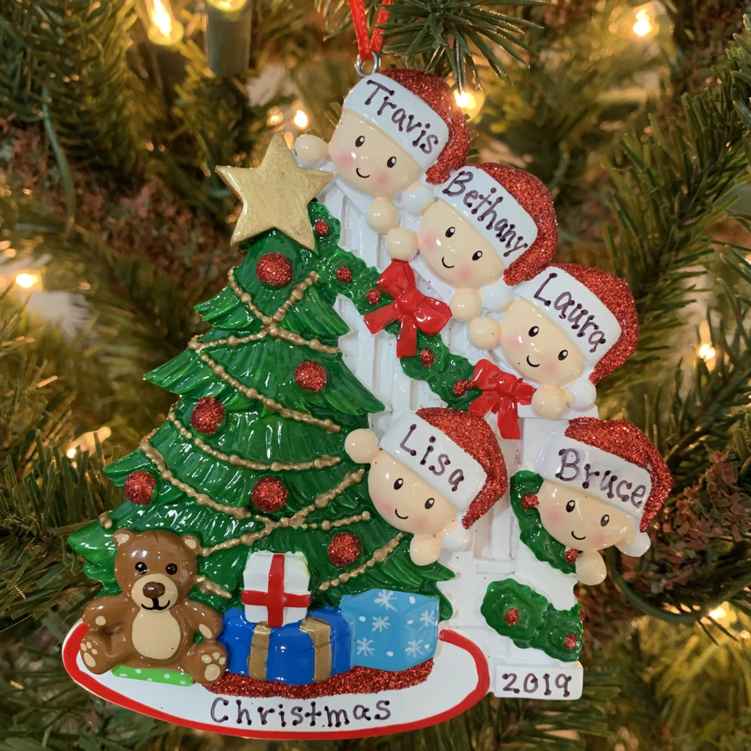 Best The Jolly Christmas Shop Family Of 5 Around The Christmas Tree Personalized Ornament OR1789-5