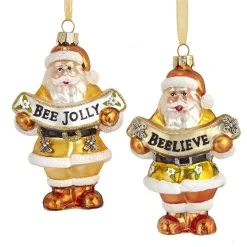 The Jolly Christmas Shop Kurt Adler 4.5" Gold And White Santa With Bee Banner Glass Christmas Ornament T2707