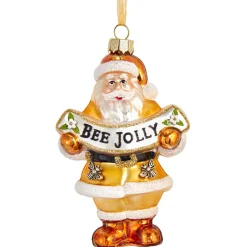 The Jolly Christmas Shop Kurt Adler 4.5" Gold And White Santa With Bee Banner Glass Christmas Ornament T2707