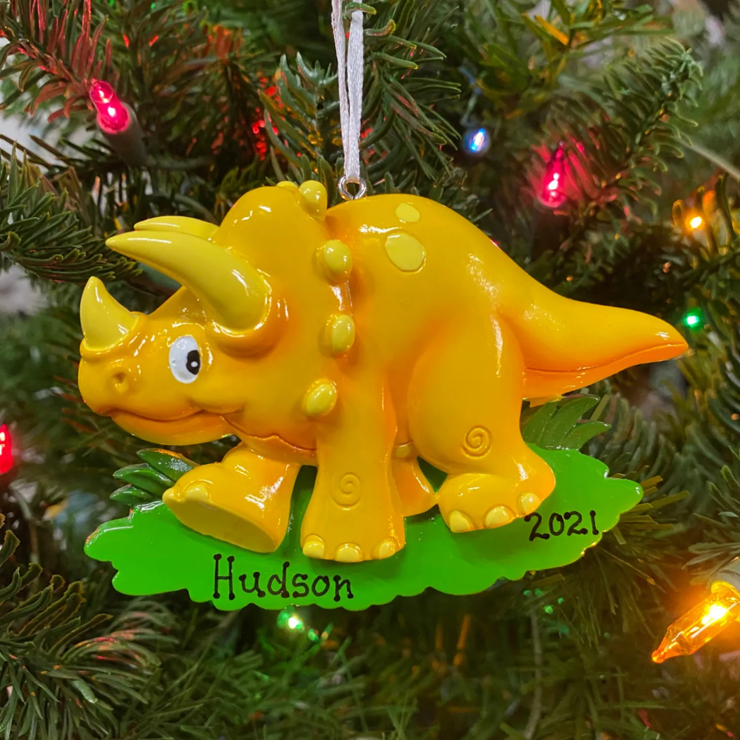 Clearance The Jolly Christmas Shop Orange Triceratops Dinosaur Personalized Christmas Ornament OR816-C