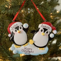 Hot The Jolly Christmas Shop Penguin Couple Throwing Snowballs Personalized Christmas Ornament OR1318