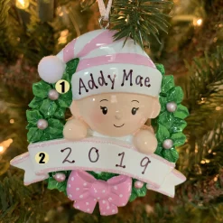 The Jolly Christmas Shop Pink Baby Girl In Wreath Personalized Christmas Ornament OR1746-P