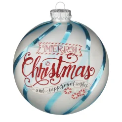Outlet The Jolly Christmas Shop Raz 5" Blue And White Striped Merry Christmas Glass Ball Ornament 4152869