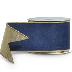 The Jolly Christmas Shop Raz 4" Blue Velvet And Gold Wired Christmas Ribbon R4427723