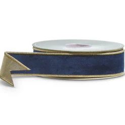The Jolly Christmas Shop Raz 1.5" Blue Velvet And Gold Wired Christmas Ribbon R4427724