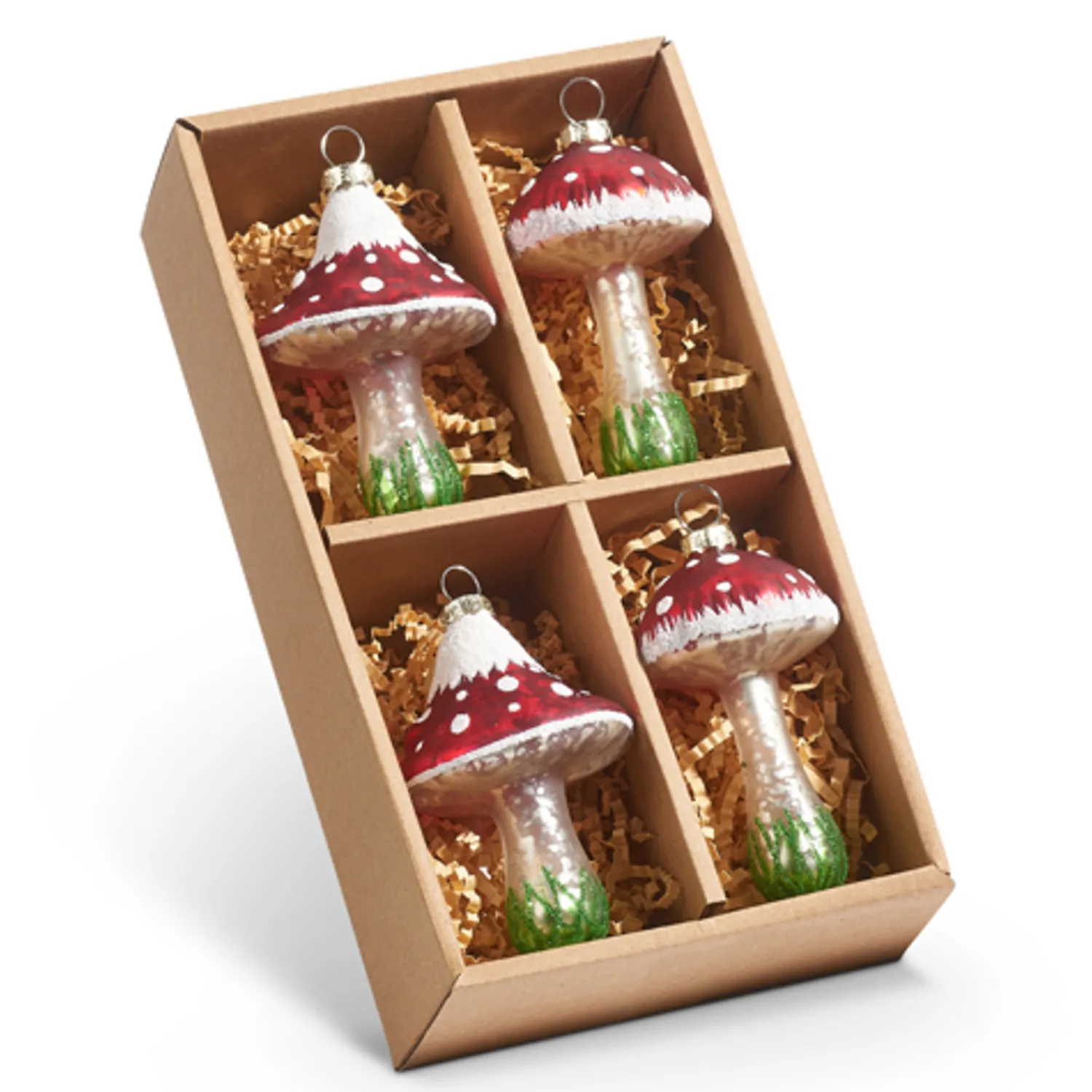 Hot The Jolly Christmas Shop Raz 3.5" Box Of 4 Red Mushroom Glass Christmas Ornament Set 4424518