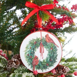 The Jolly Christmas Shop Raz 6" Cardinal On Wreath Disc Christmas Ornament 4215976