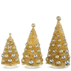 Online The Jolly Christmas Shop Raz 13" Champagne Dusted Bottle Brush Trees With Ornaments Set Of 3 4316151