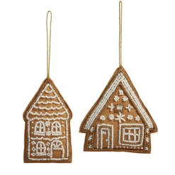 New The Jolly Christmas Shop Raz 4.5" Embroidered Gingerbread House Christmas Ornament Set Of 2 4403616