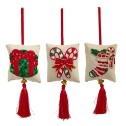 Outlet The Jolly Christmas Shop Raz 7.5" Embroidered Tassel Pillow Christmas Ornament Set Of 3 4403623