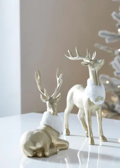 Discount The Jolly Christmas Shop Raz 11.5" Gold Deer With Fur Collar Christmas Figures Set Of 2 4411348