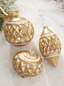 Best The Jolly Christmas Shop Raz 4" Gold Diamond Point With Pearls Glass Christmas Ornament 4122807