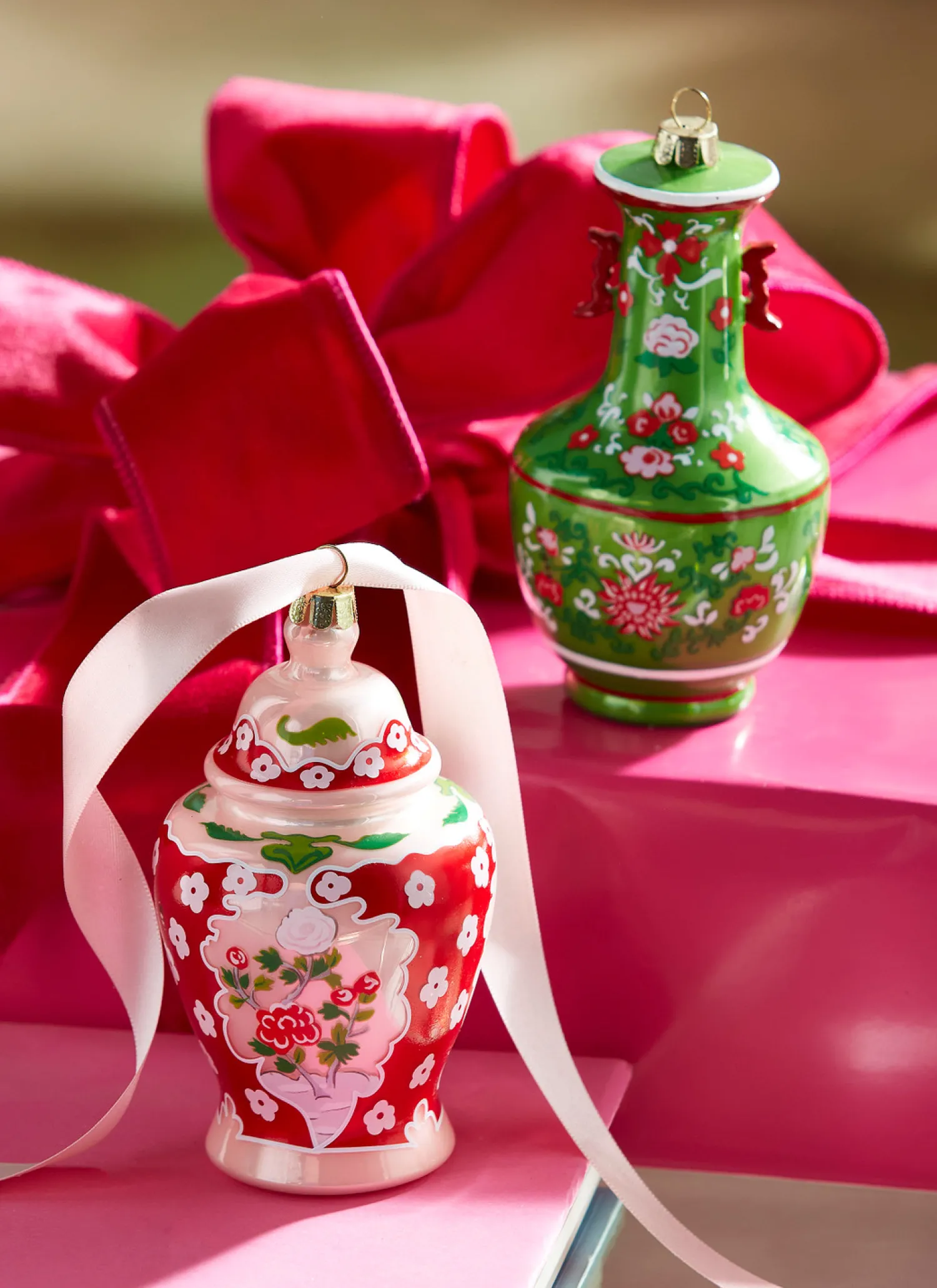 Discount The Jolly Christmas Shop Raz 5" Green And Pink Chinoiserie Jar Glass Christmas Ornament 4352888
