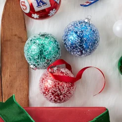 Best The Jolly Christmas Shop Raz 4" Green, Blue Or Red Iced Ball Glass Christmas Ornament 4324542