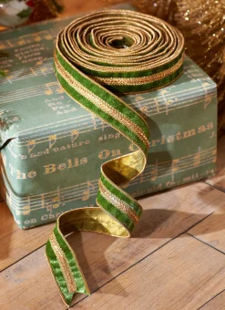 Clearance The Jolly Christmas Shop Raz 1.5" Green Velvet Christmas Ribbon With Gold Jewels R4227719