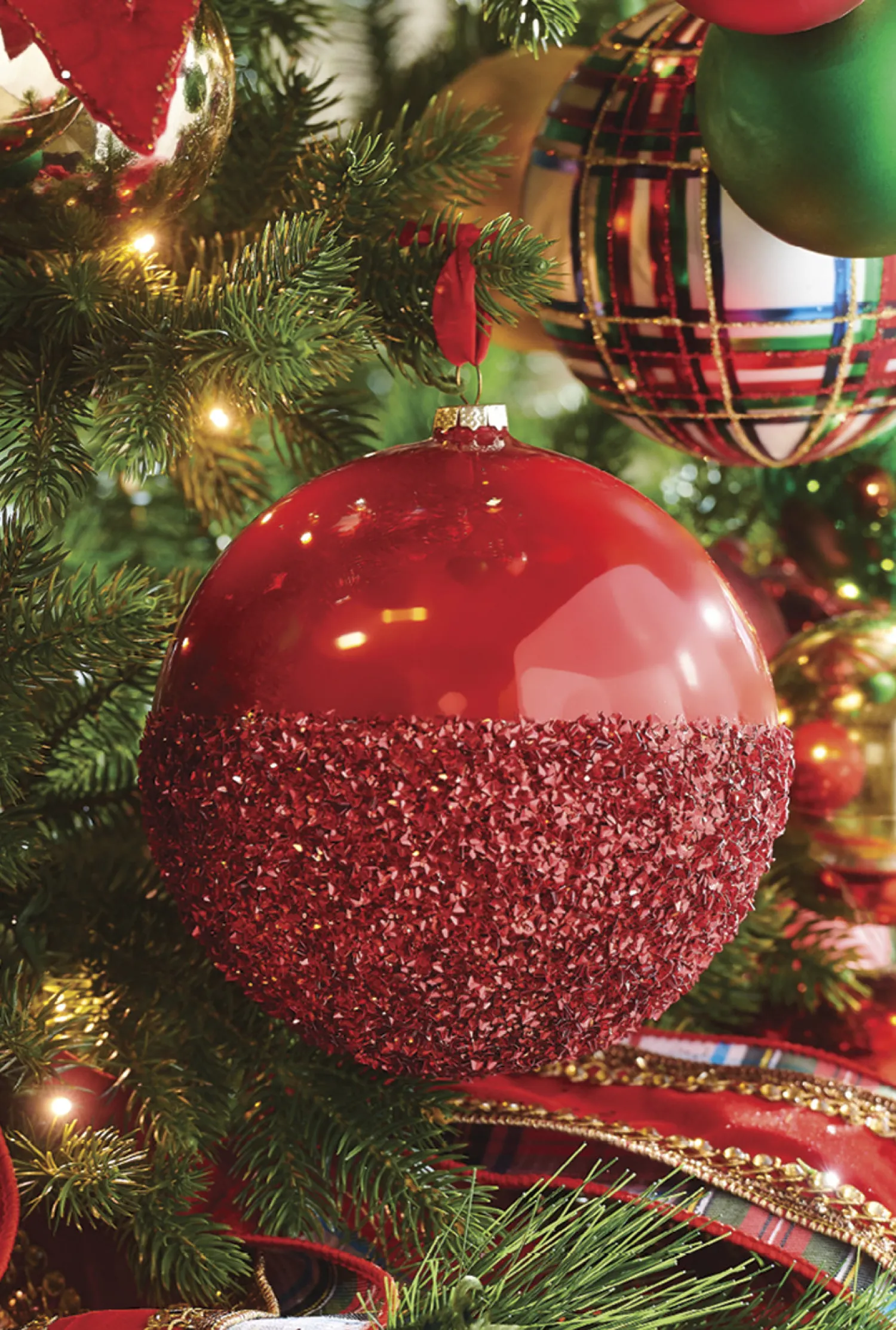 Clearance The Jolly Christmas Shop Raz 6" Half Glittered Red Glass Ball Christmas Ornament 4224608