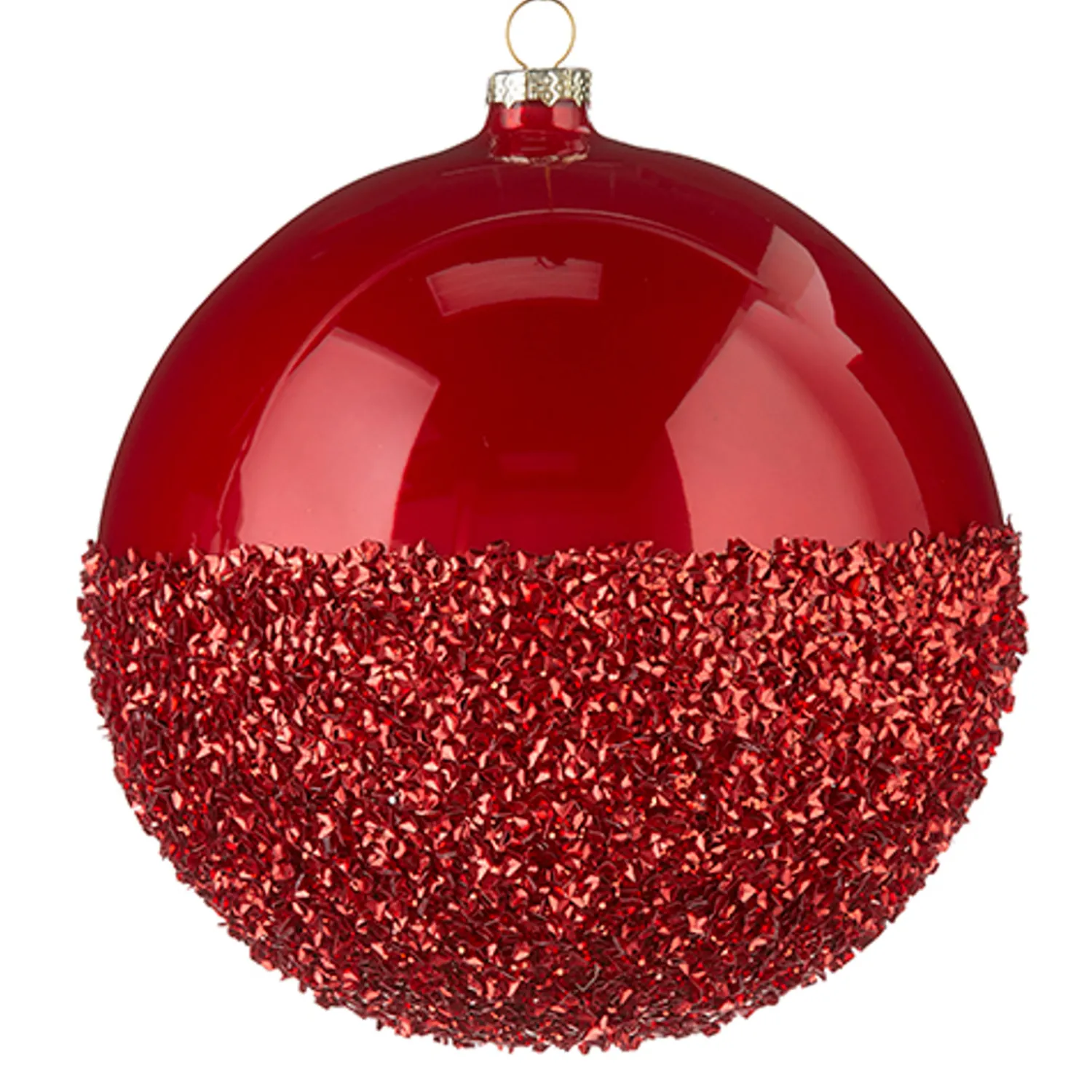 Clearance The Jolly Christmas Shop Raz 6" Half Glittered Red Glass Ball Christmas Ornament 4224608