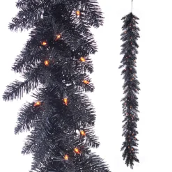 Clearance The Jolly Christmas Shop Raz 6' Halloween Black Tinsel Garland Pre-lit With Orange Lights G4352022