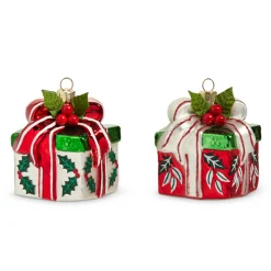 Clearance The Jolly Christmas Shop Raz 3" Holly Gift Glass Christmas Ornament Set Of 2 4452890