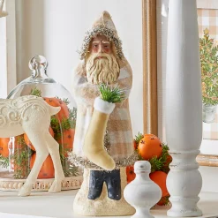 The Jolly Christmas Shop Raz 12" Ivory Gingham Velvet Santa With Stocking Christmas Figure 4419006