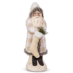 The Jolly Christmas Shop Raz 12" Ivory Gingham Velvet Santa With Stocking Christmas Figure 4419006