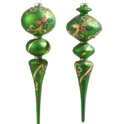 New The Jolly Christmas Shop Raz 11.5" Large Green Holly Leaf Finial Glass Christmas Ornament 4322909